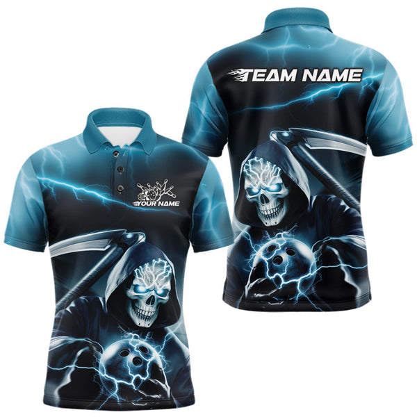 Maxcorners Custom Blue Lightning Grim Reaper Bowling Polo Shirts For Men, Halloween Bowling Jerseys LM1809