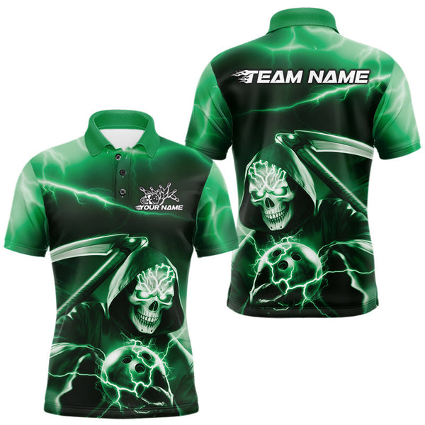 Maxcorners Custom Green Lightning Grim Reaper Bowling Polo Shirts For Men, Halloween Bowling Jerseys LM1809