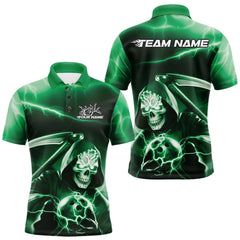 Maxcorners Custom Green Lightning Grim Reaper Bowling Polo Shirts For Men, Halloween Bowling Jerseys LM1809