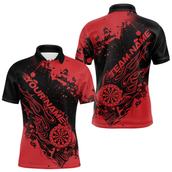 Maxcorners Custom Black And Red Splatter Flame Dart Skull Men Polo Shirt, Grunge Halloween Jerseys LM1610