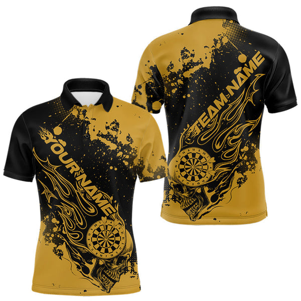 Maxcorners Custom Black And Yellow Splatter Flame Dart Skull Men Polo Shirt, Grunge Halloween Jerseys LM1610