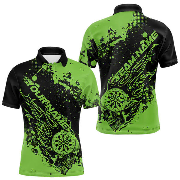 Maxcorners Custom Black And Green Splatter Flame Dart Skull Men Polo Shirt, Grunge Halloween Jerseys LM1610