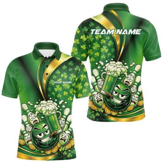 Maxcorners Custom Funny St Patricks Party Beer Bowling Team Shirts, Green Shamrock And Gold Coin Bowling Shirt LM1104