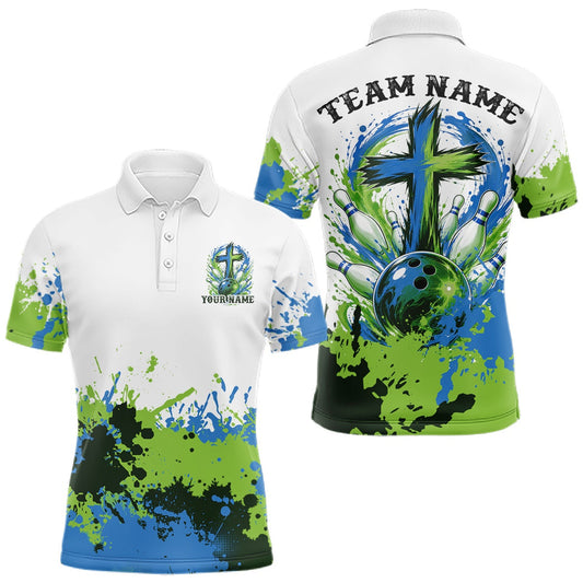 Maxcorners Blue And Green Custom Colorful Spatter Faith Cross Bowling Team Tournament Shirts Bowling Jerseys For Men, Women And Kid