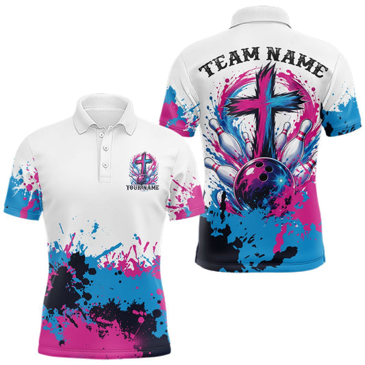 Maxcorners Blue And Pink Custom Colorful Spatter Faith Cross Bowling Team Tournament Shirts Bowling Jerseys For Men, Women And Kid