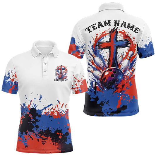 Maxcorners Blue And Red Custom Colorful Spatter Faith Cross Bowling Team Tournament Shirts Bowling Jerseys For Men, Women And Kid