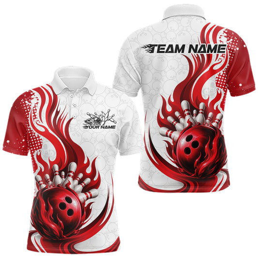 Maxcorners Custom Red Flame Bowling Team Men Polo Shirt, Bowling Ball Pattern Bowling Jerseys