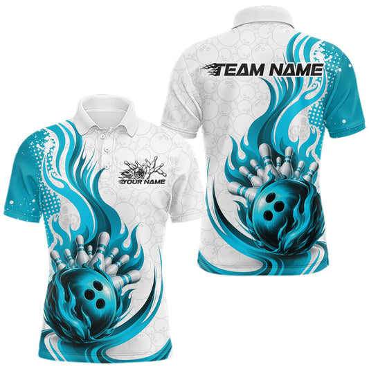 Maxcorners Custom Blue Flame Bowling Team Men Polo Shirt, Bowling Ball Pattern Bowling Jerseys