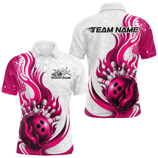 Maxcorners Custom Pink Flame Bowling Team Men Polo Shirt, Bowling Ball Pattern Bowling Jerseys