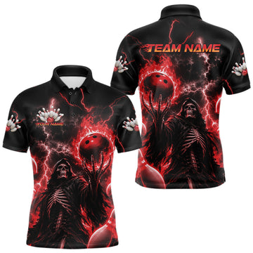 Maxcorners Custom Red Fire Flame Bowling Grim Reaper Skull Men Polo Shirt, Halloween Bowler Outfit