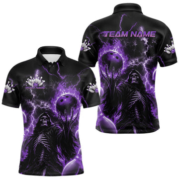 Maxcorners Custom Purple Fire Flame Bowling Grim Reaper Skull Men Polo Shirt, Halloween Bowler Outfit