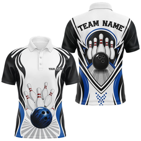 Maxcorners Custom Bowling Polo Shirt For Men Team Uniform Featuring Bowling Ball And Pins | Blue LM2806