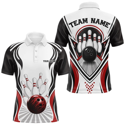 Maxcorners Custom Bowling Polo Shirt For Men Team Uniform Featuring Bowling Ball And Pins | Red LM2806