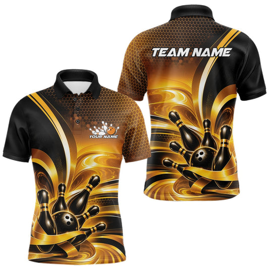 Maxcorners Personalized Gold And Black Men Polo Shirt Featuring Glossy Bowling Ball And Pin LM2806