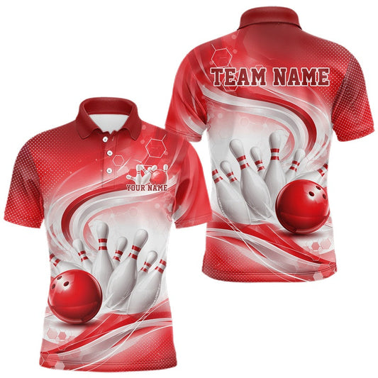 Maxcorners Custom Red Halftone Dots Hexagon Bowling Team Jerseys, Men Polo Bowling Shirt LM2704