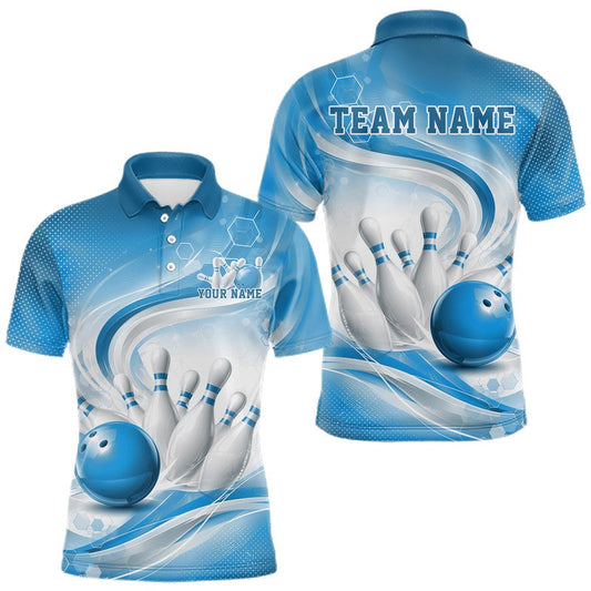 Maxcorners Custom Blue Halftone Dots Hexagon Bowling Team Jerseys, Men Polo Bowling Shirt LM2704
