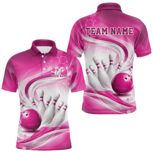 Maxcorners Custom Pink Halftone Dots Hexagon Bowling Team Jerseys, Men Polo Bowling Shirt LM2704