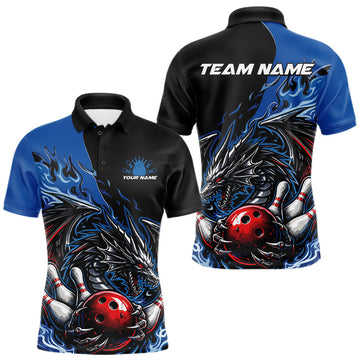 Maxcorners Custom Blue And Red Dragon Bowling Men Polo Team Shirt, Dragon Bowling League Shirts LM0101