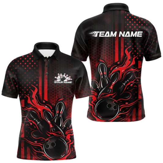 Maxcorners Custom Red Patrotic Flame Bowling Men Polo Shirt, US Flag Bowling Jersey LM1104