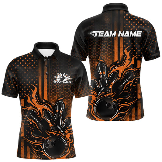 Maxcorners Custom Orange Patrotic Flame Bowling Men Polo Shirt, US Flag Bowling Jersey LM1104