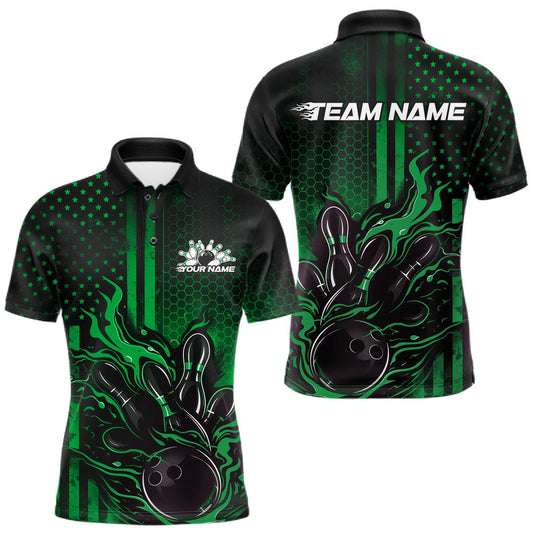 Maxcorners Custom Green Patrotic Flame Bowling Men Polo Shirt, US Flag Bowling Jersey LM1104