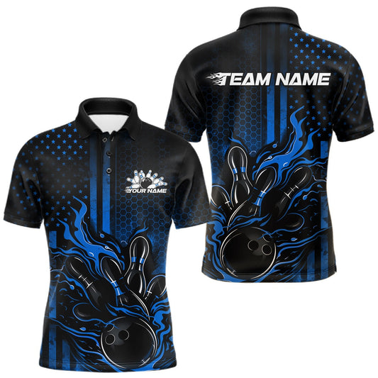 Maxcorners Custom Blue Patrotic Flame Bowling Men Polo Shirt, US Flag Bowling Jersey LM1104