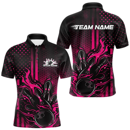 Maxcorners Custom Pink Patrotic Flame Bowling Men Polo Shirt, US Flag Bowling Jersey LM1104