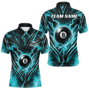 Maxcorners Custom Turquoise Blue Icy Lightning 8 Ball Billiards Men Polo Shirt, Pool League Shirt
