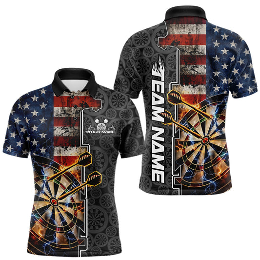 Maxcorners Custom Grunge US Flag Lightning Dartboard Patriotic Dart Team Men Polo Shirt Dart Jerseys LM0101