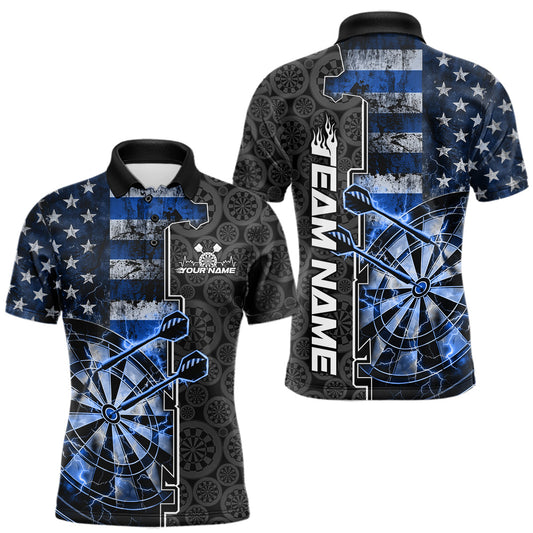 Maxcorners Custom Blue Lightning US Flag Dartboard Patriotic Dart Team Men Polo Shirt Dart Jerseys LM0101