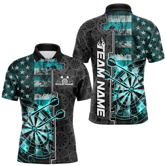 Maxcorners Custom Turquoise Blue Lightning US Flag Dartboard Patriotic Dart Team Men Polo Shirt LM0101