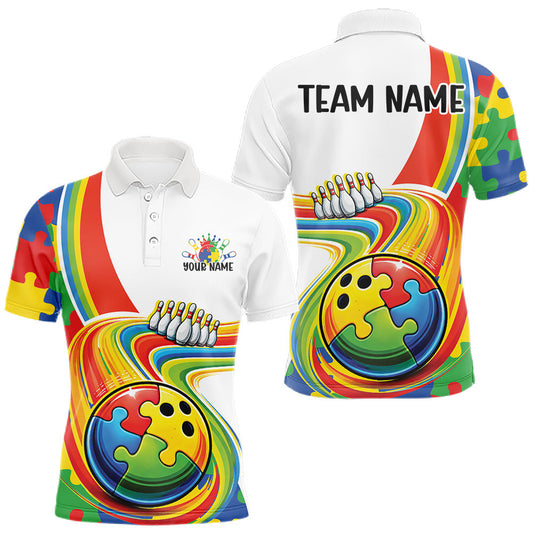 Maxcorners Custom Autism Awareness Bowling Men Polo Shirt, Colorful Puzzles Bowling Jersey LM2704