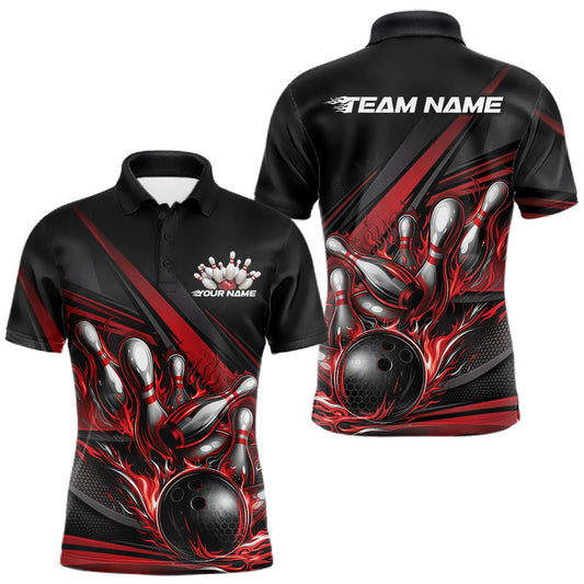 Maxcorners Custom Black And Red Flame Bowling Team Jersey, Bowling Tournament Men Polo Shirt LM1005