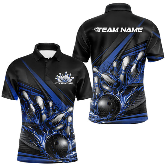 Maxcorners Custom Black And Blue Flame Bowling Team Jersey, Bowling Tournament Men Polo Shirt LM1005