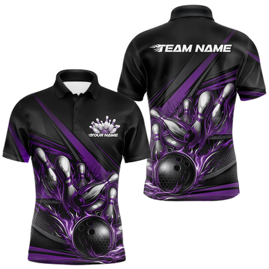 Maxcorners Custom Black And Purple Flame Bowling Team Jersey, Bowling Tournament Men Polo Shirt LM1005