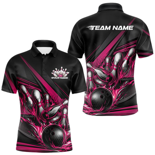 Maxcorners Custom Black And Hot Pink Flame Bowling Team Jersey, Bowling Tournament Men Polo Shirt LM1005