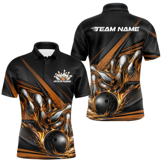 Maxcorners Custom Black And Gold Flame Bowling Team Jersey, Bowling Tournament Men Polo Shirt LM1005