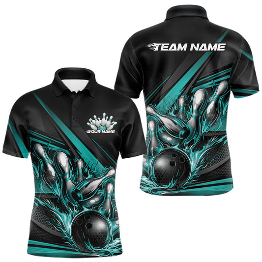 Maxcorners Custom Turquoise Blue Flame Bowling Team Jersey, Bowling Tournament Men Polo Shirt LM1005