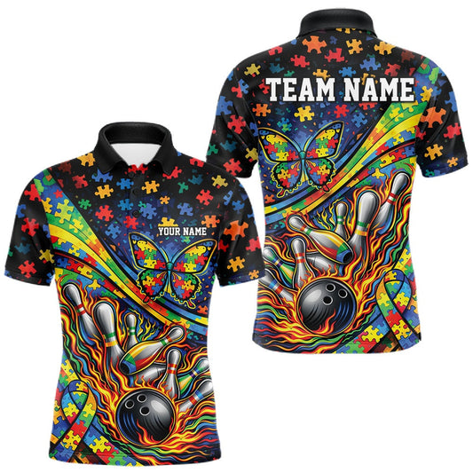 Maxcorners Custom Autism Awareness Butterfly Bowling Team Men Polo Shirt, Puzzles Bowling Jersey LM1104