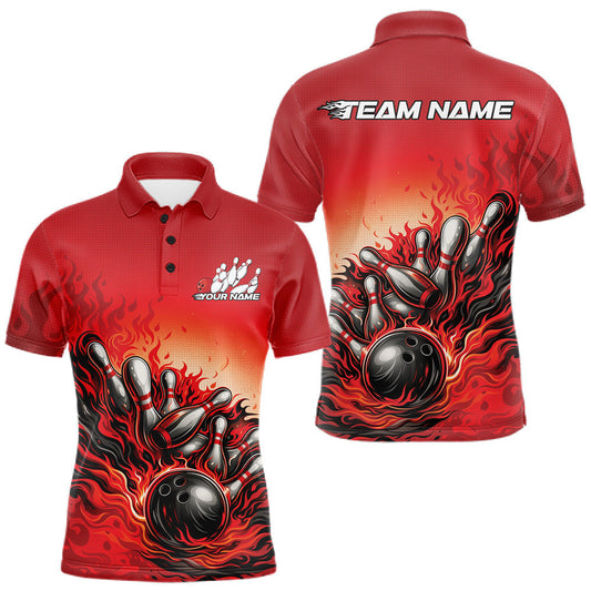 Maxcorners Custom Red Flame Bowling Tournament Men Polo Team Shirt, Fire Bowling League Shirt