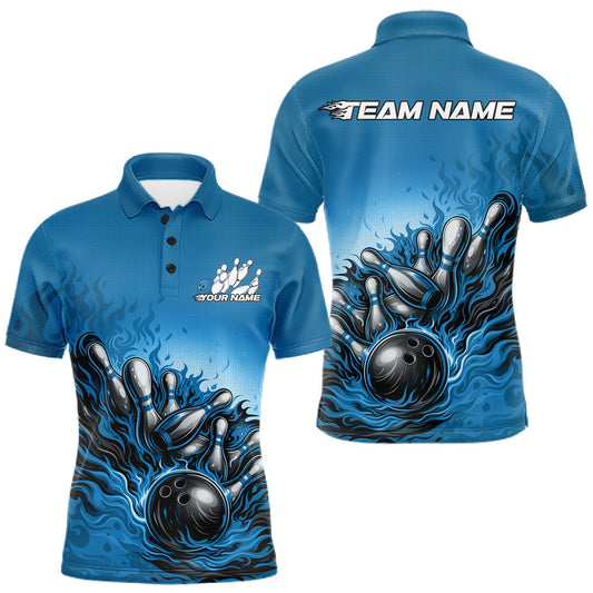 Maxcorners Custom Blue Flame Bowling Tournament Men Polo Team Shirt, Fire Bowling League Shirt LM2704
