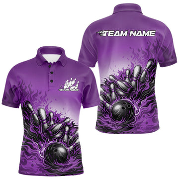 Maxcorners Custom Purple Flame Bowling Tournament Men Polo Team Shirt, Fire Bowling League Shirt LM2704