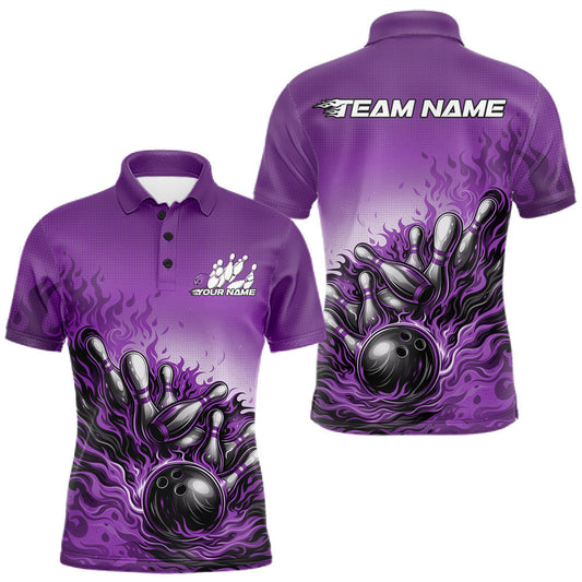 Maxcorners Custom Purple Flame Bowling Tournament Men Polo Team Shirt, Fire Bowling League Shirt LM2704
