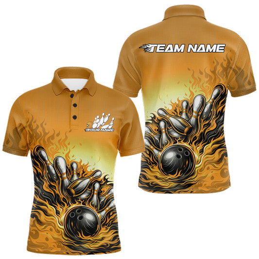 Maxcorners Custom Yellow Flame Bowling Tournament Men Polo Team Shirt, Fire Bowling League Shirt