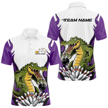 Maxcorners Custom Funny Alligator Bowling Men Polo Shirt, Alligator Purple Bowling Team League Shirt