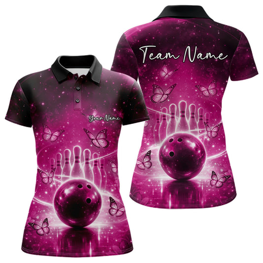 Custom Pink Butterfly Women Bowling Polo Shirt, Ladies Bowling League Shirt LM1203
