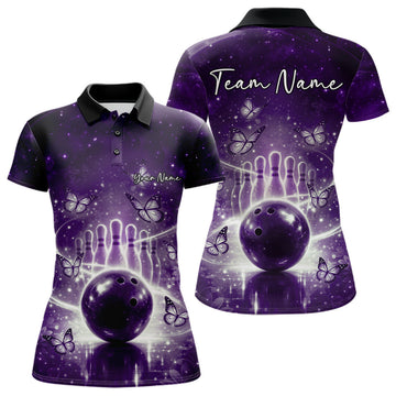 Custom Purple Butterfly Women Bowling Polo Shirt, Ladies Bowling League Shirt LM1203