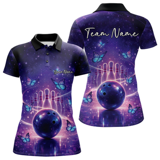 Custom Blue And Purple Butterfly Women Bowling Polo Shirt, Ladies Bowling League Shirt LM1203