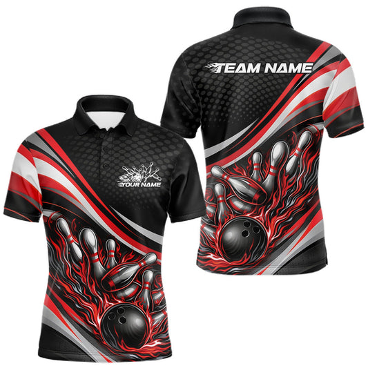 Maxcorners Custom Red Flame Bowling Men Polo Shirt, Bowling Team League Shirt Bowler Jerseys LM1705