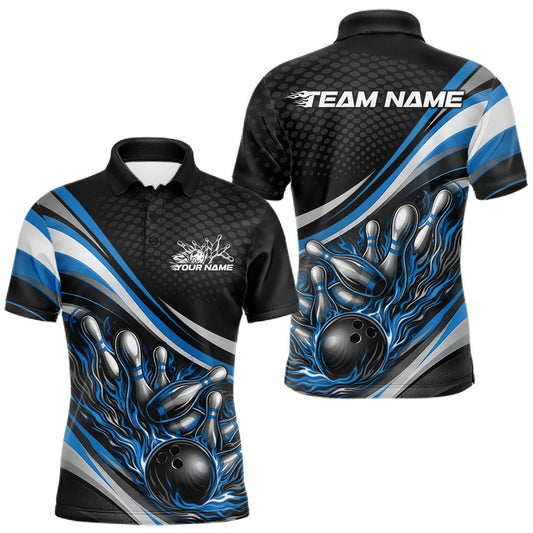 Maxcorners Custom Blue Flame Bowling Men Polo Shirt, Bowling Team League Shirt Bowler Jerseys LM1705